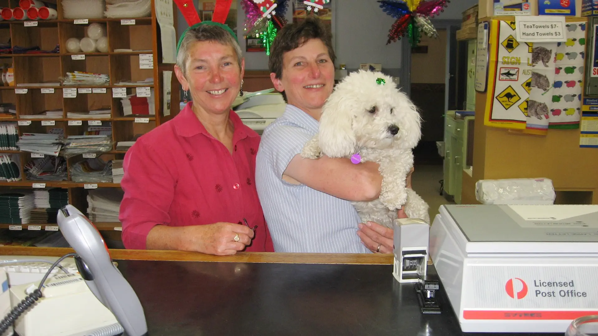 Lee and Jan with Bubbles at the Post Office.