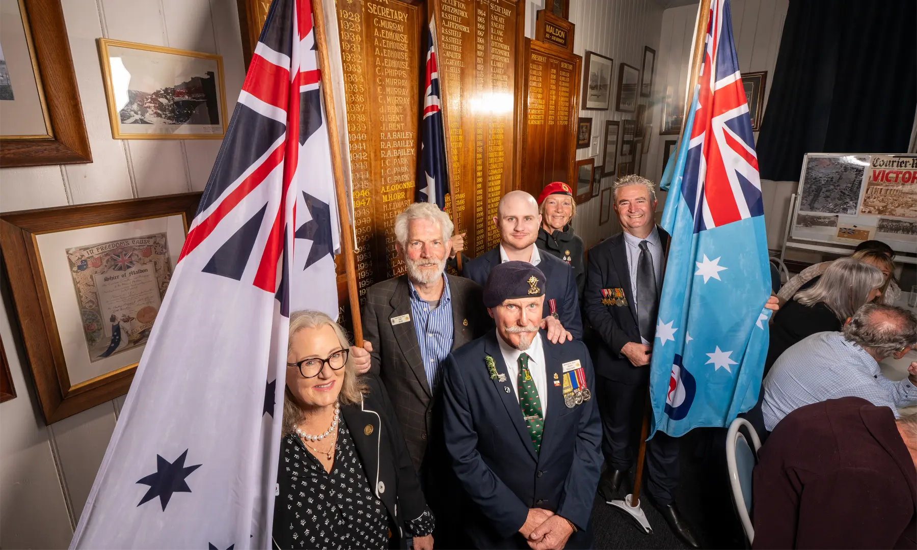 Janet Purcell, Neil Buck, Kevin WE REMEMBER Moschetti, Ben Sellars, Gillian Jacobs and Rob Harris at the Maldon RSL gathering the ANZAC Day service. Photo courtesy Rob Leeson.
