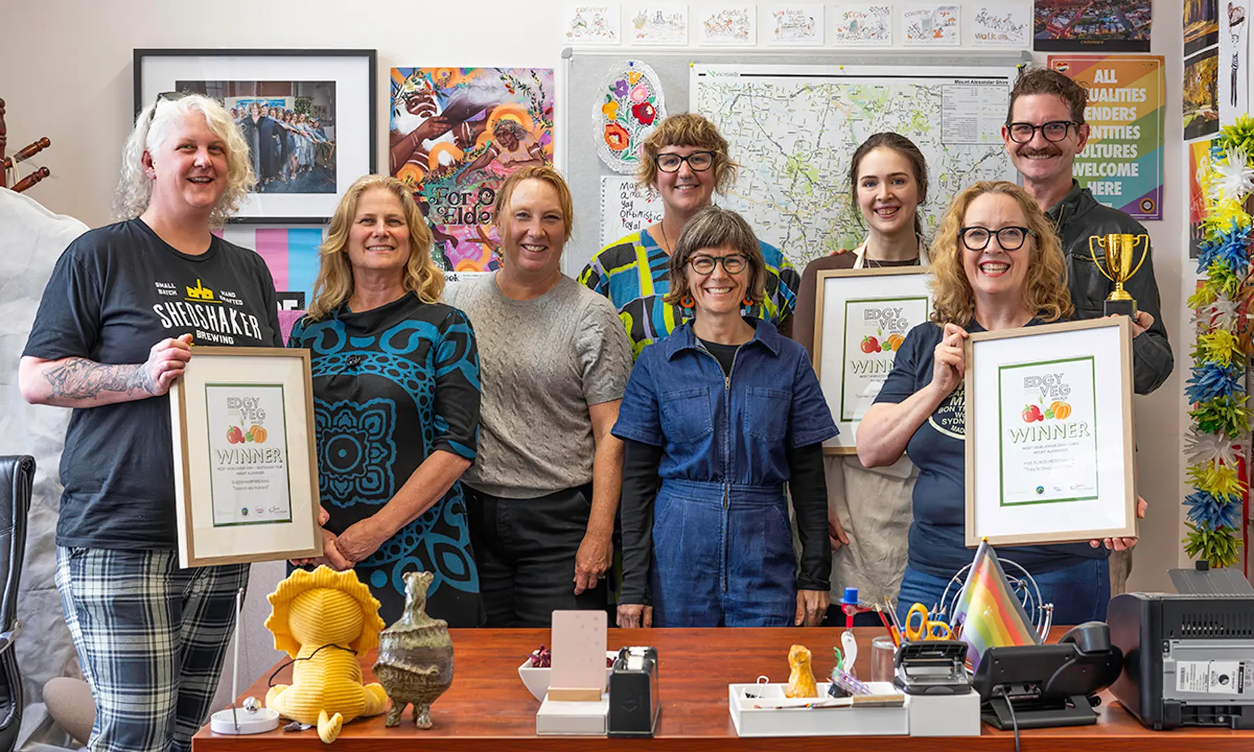 Edgy Veg 2025 winners from Shedshaker, Five Flag Merchants and Maldon Bakery, and Mayor Rosie Annear. Photography by Tiffany Warner.